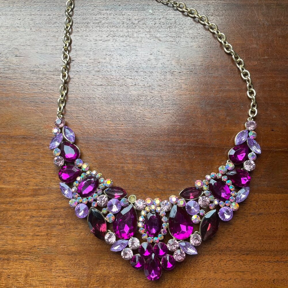 Purple Jeweled and Gold Tone Statement Necklace.